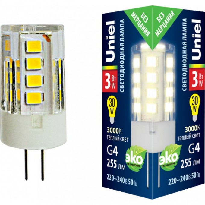 Лампа светодиодная UNIEL LED-JC-220/3W/3000K/G4/CL GLZ09TR прозрачная UL-00006742