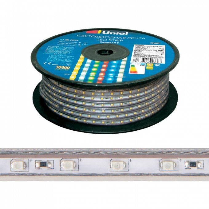 Светодиодная лента UNIEL ULS-2835-120LED/m-10mm-IP67-220V-10W/m-50M-3000K бобина UL-00006482