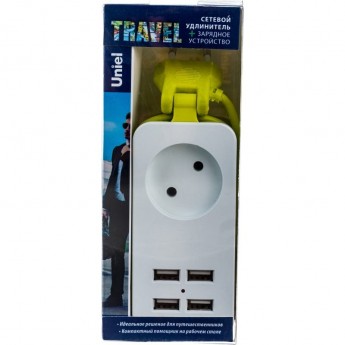 Удлинитель UNIEL S-CT1-1,5U WHITE/GREEN LM серии Travel, шнур 1,5м., 1 гнездо, б/з, 2USB*1,1A